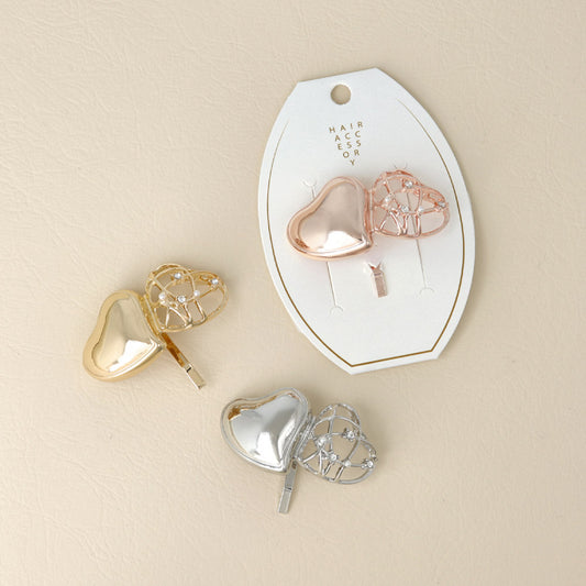 ヘアカフ メタル ダブル ハート 透かし クロス ライン ランダム ミニ ストーン パール