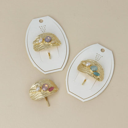 ヘアカフ メタル オーバル テクスチャ ビジュー パール