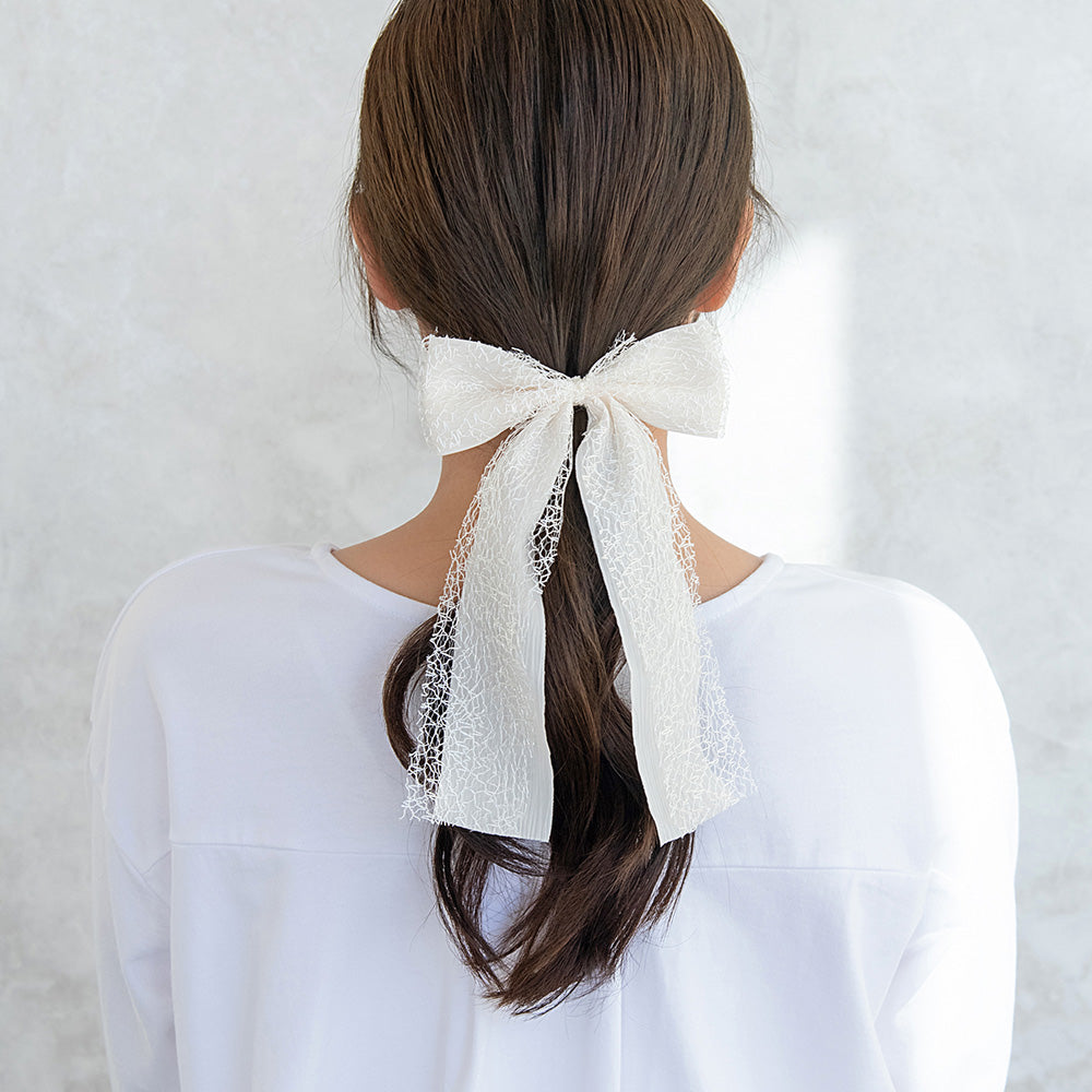 ヘアカフ ロングダブルリボン シアーレース モノトーンカラー