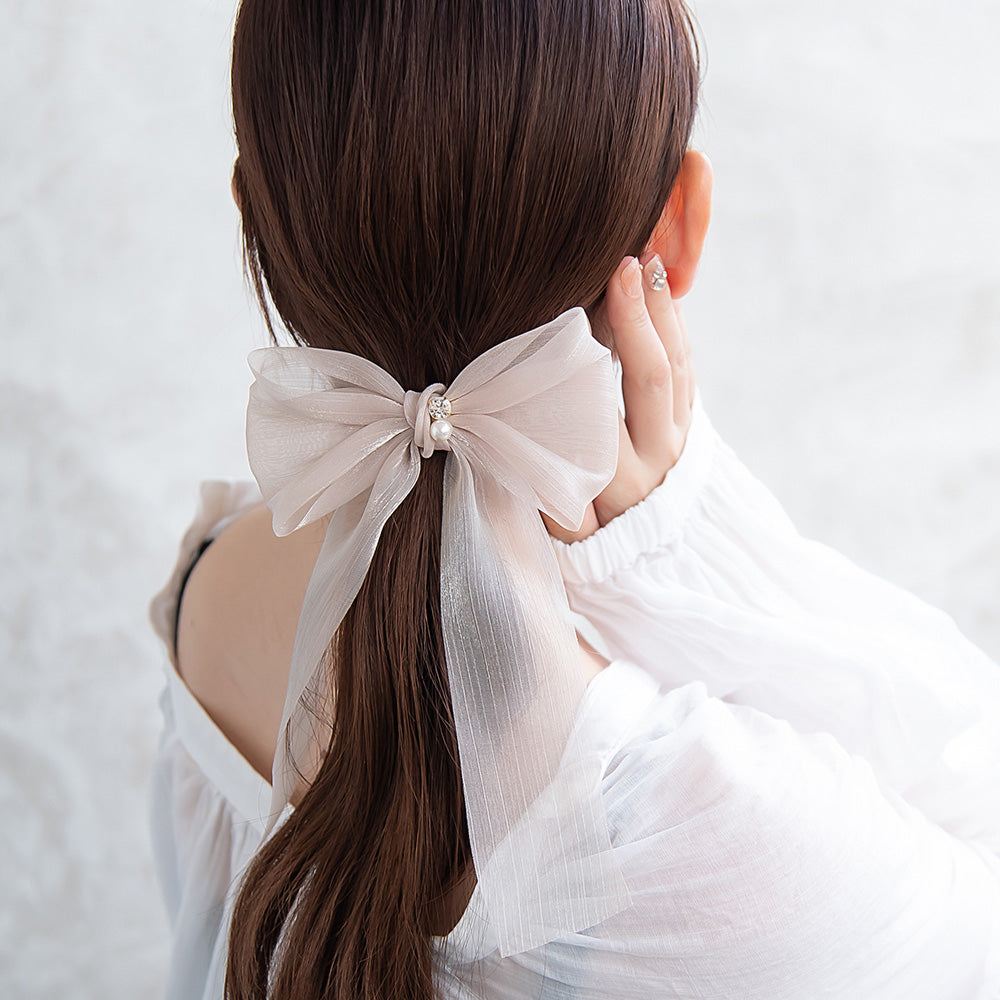 ヘアカフ シアー シマー ロング リボン パール ストーン