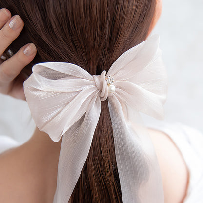 ヘアカフ シアー シマー ロング リボン パール ストーン