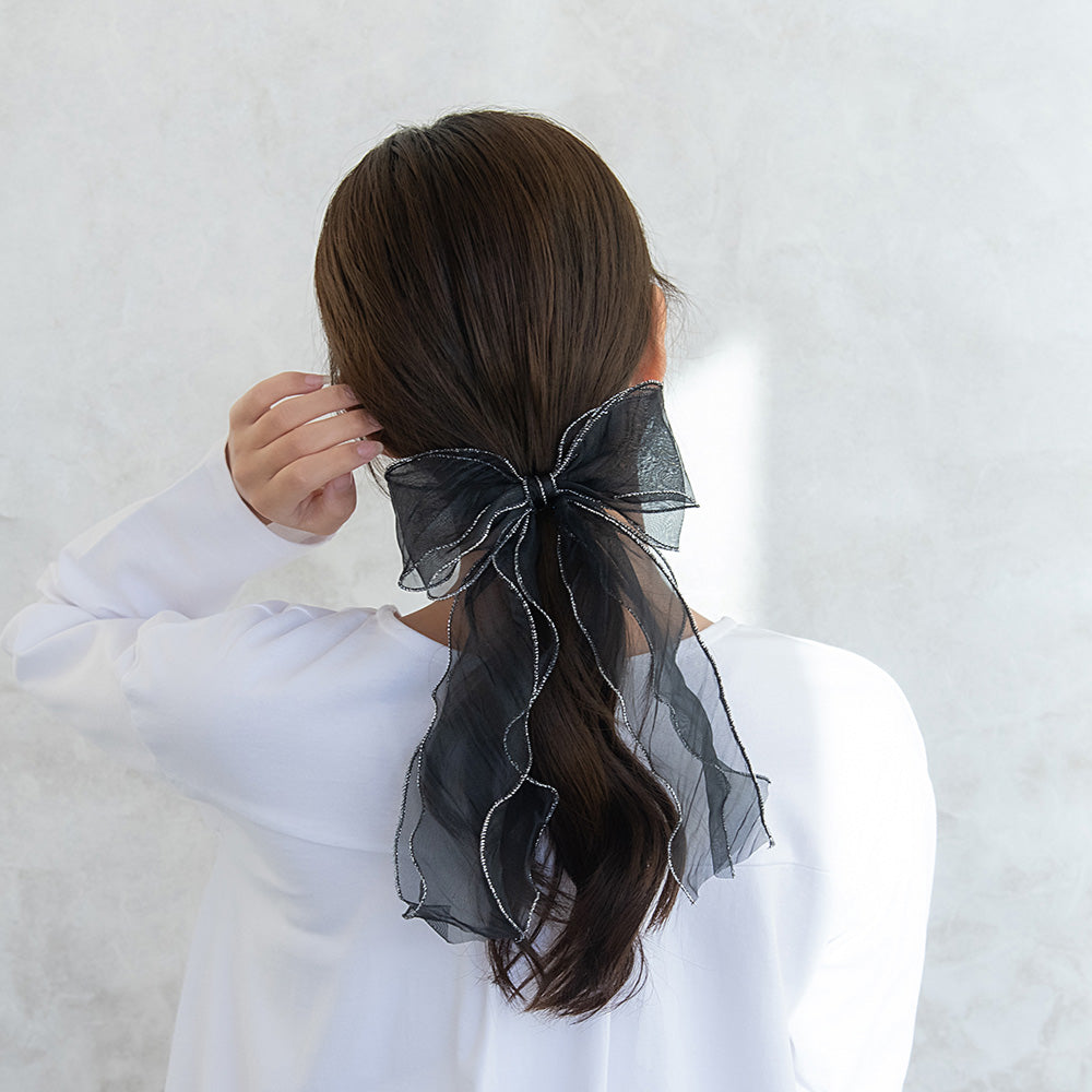 ヘアカフ シアー パイピング ダブルロングリボン ラメ糸