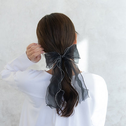 ヘアカフ シアー パイピング ダブルロングリボン ラメ糸