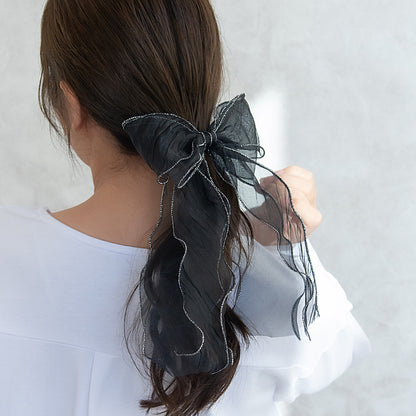 ヘアカフ シアー パイピング ダブルロングリボン ラメ糸