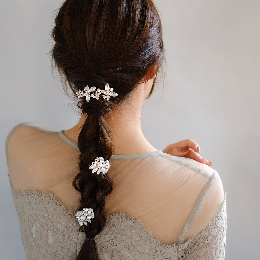 Classy ヘアアレンジセット ヘアカフ ヘアクリップ ヘアピン ニッケルフリー メタル パール ストーン リーフ型 バタフライ 蝶 4個セット ポニーフック クリップ アメピン