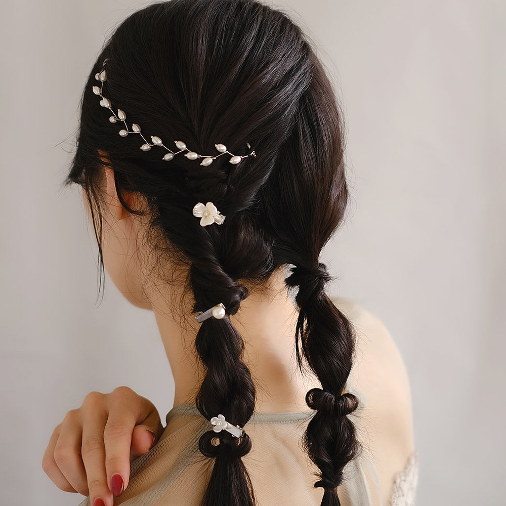 Classy ヘアアレンジセット ヘッドドレス ミニクリップ メタル パール オーバル チェーン フラワー 花 4個セット クリップ アメピン