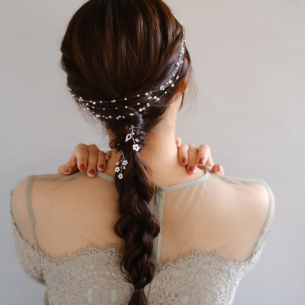 Classy ヘッドドレス ヘアピン テグス パール クリアビーズ メタル ワイヤー フラワー アメピン