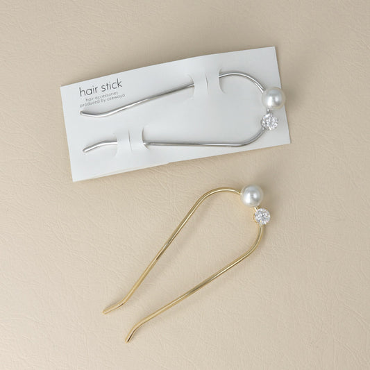 かんざし hair stick メタル キュービックジルコニア パール U字 カーブ ヘアコーム ヘアスティック
