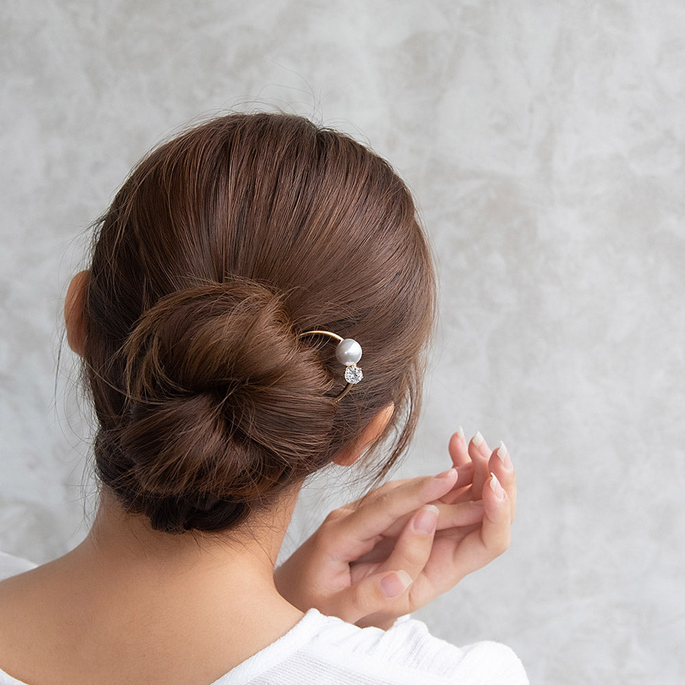 かんざし hair stick メタル キュービックジルコニア パール U字 カーブ ヘアコーム ヘアスティック