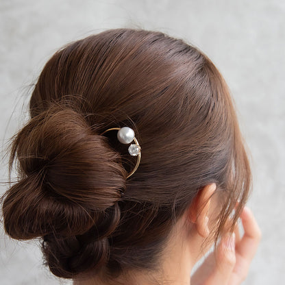 かんざし hair stick メタル キュービックジルコニア パール U字 カーブ ヘアコーム ヘアスティック