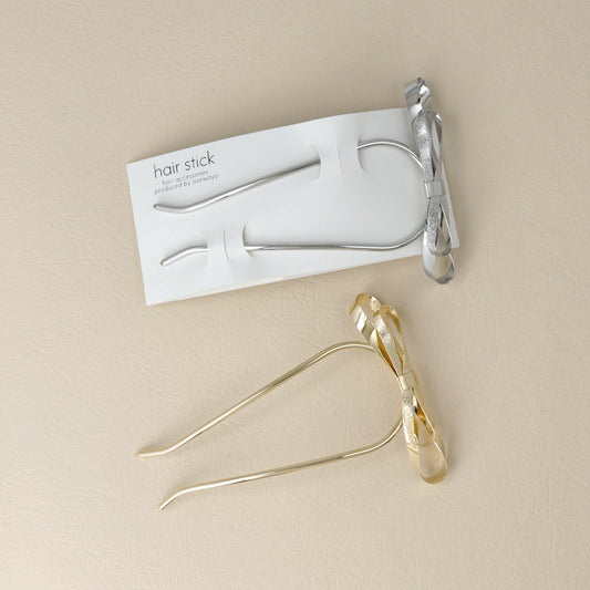 かんざし hair stick メタル ダブル リボン 梨地 U字 カーブ ヘアコーム ヘアスティック