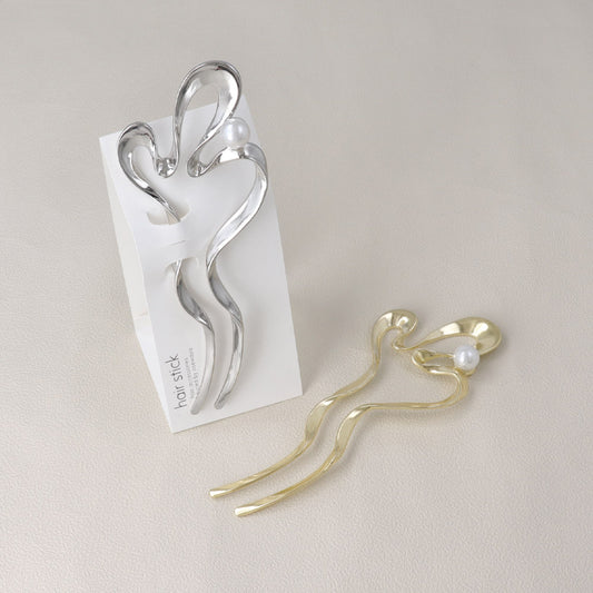 かんざし hair stick メタル ウェーブ ライン カーブ パール U字 ヘアスティック