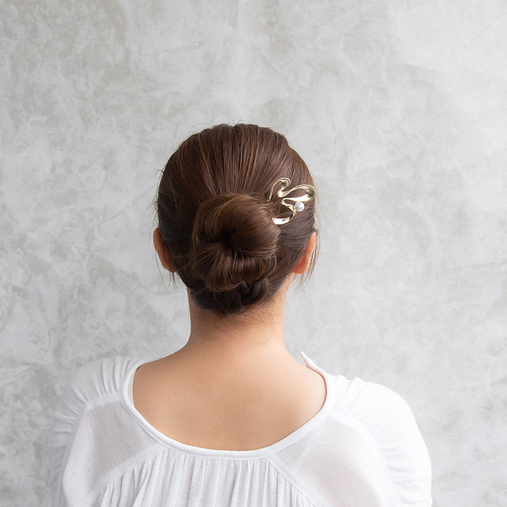 かんざし hair stick メタル ウェーブ ライン カーブ パール U字 ヘアスティック