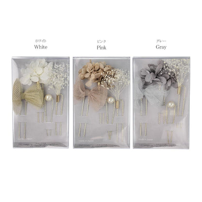 ヘアピン ドライフラワー 紫陽花 かすみ草 パール チュール リボン 4本セット Uピン