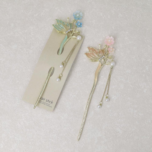 かんざし hair stick メタル フラワー バタフライ グラデーション ストーン パール チェーン 下がり 簪