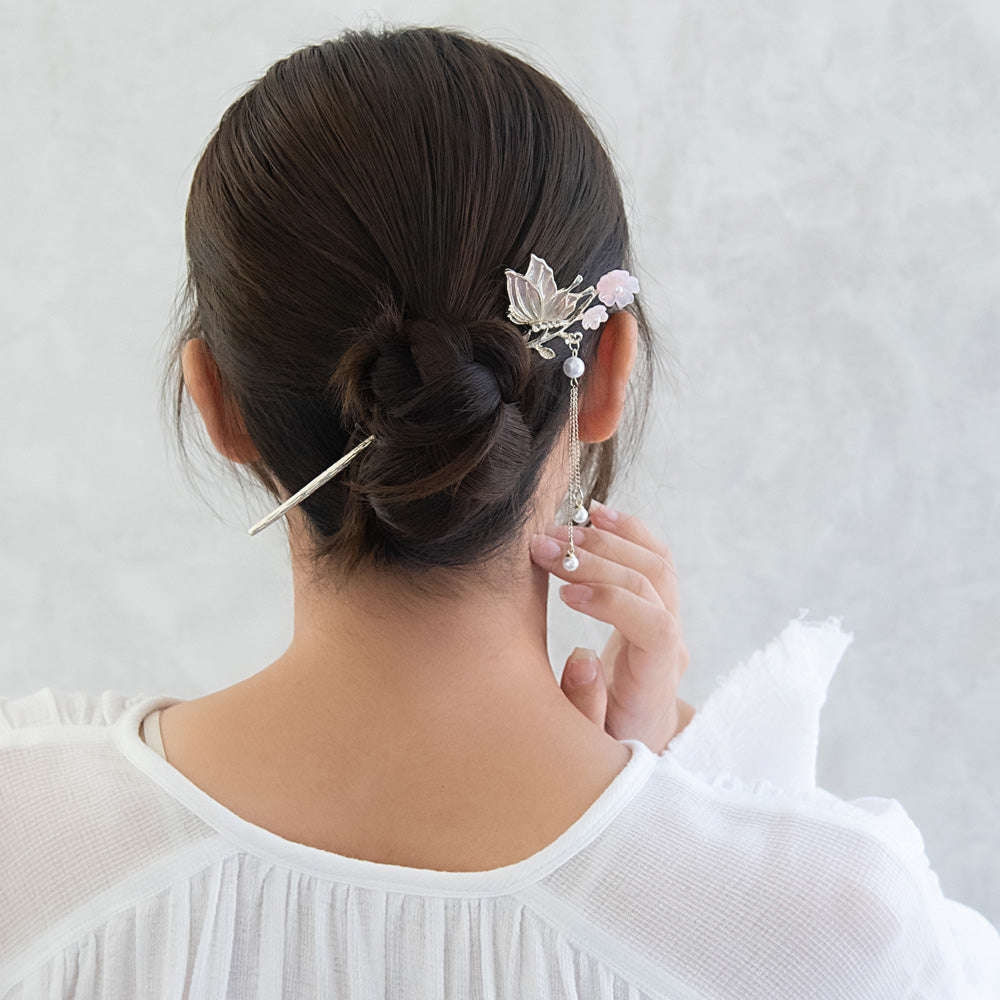 かんざし hair stick メタル フラワー バタフライ グラデーション ストーン パール チェーン 下がり 簪