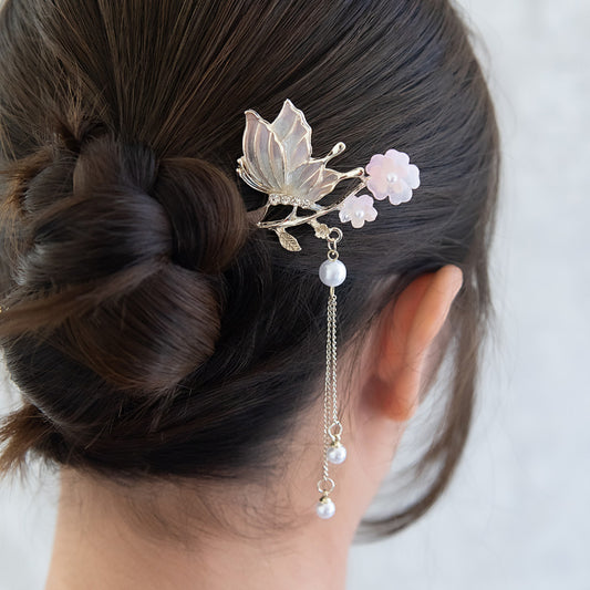 かんざし hair stick メタル フラワー バタフライ グラデーション ストーン パール チェーン 下がり 簪