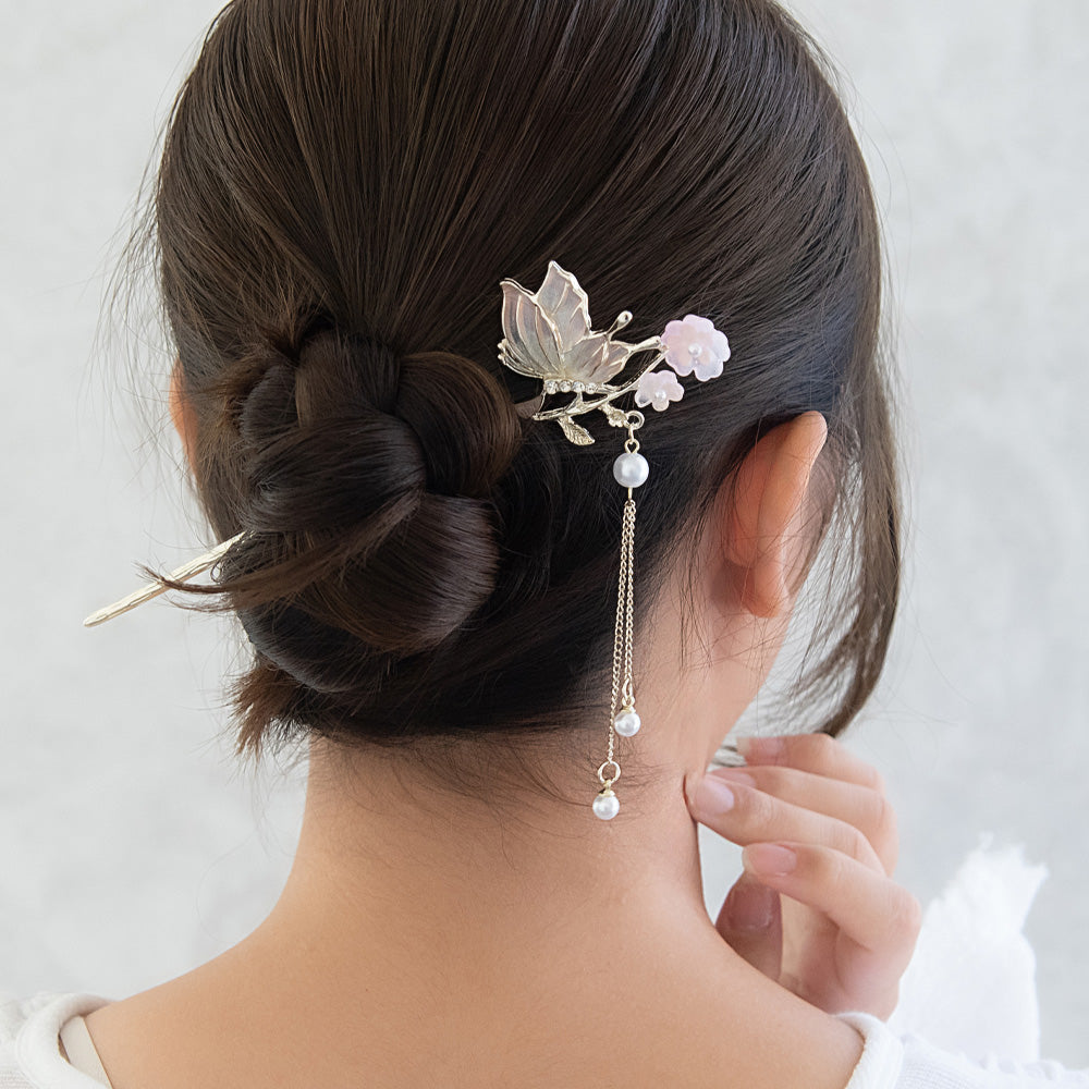 かんざし hair stick メタル フラワー バタフライ グラデーション ストーン パール チェーン 下がり 簪
