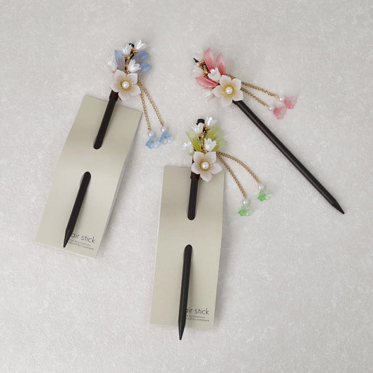 かんざし hair stick フラワー グラデーション パール チェーン 下がり ウッド