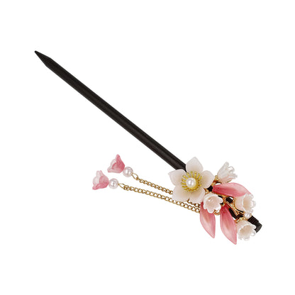 かんざし hair stick フラワー グラデーション パール チェーン 下がり ウッド