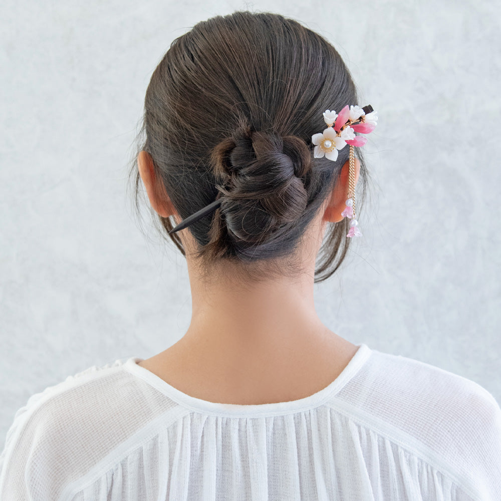 かんざし hair stick フラワー グラデーション パール チェーン 下がり ウッド