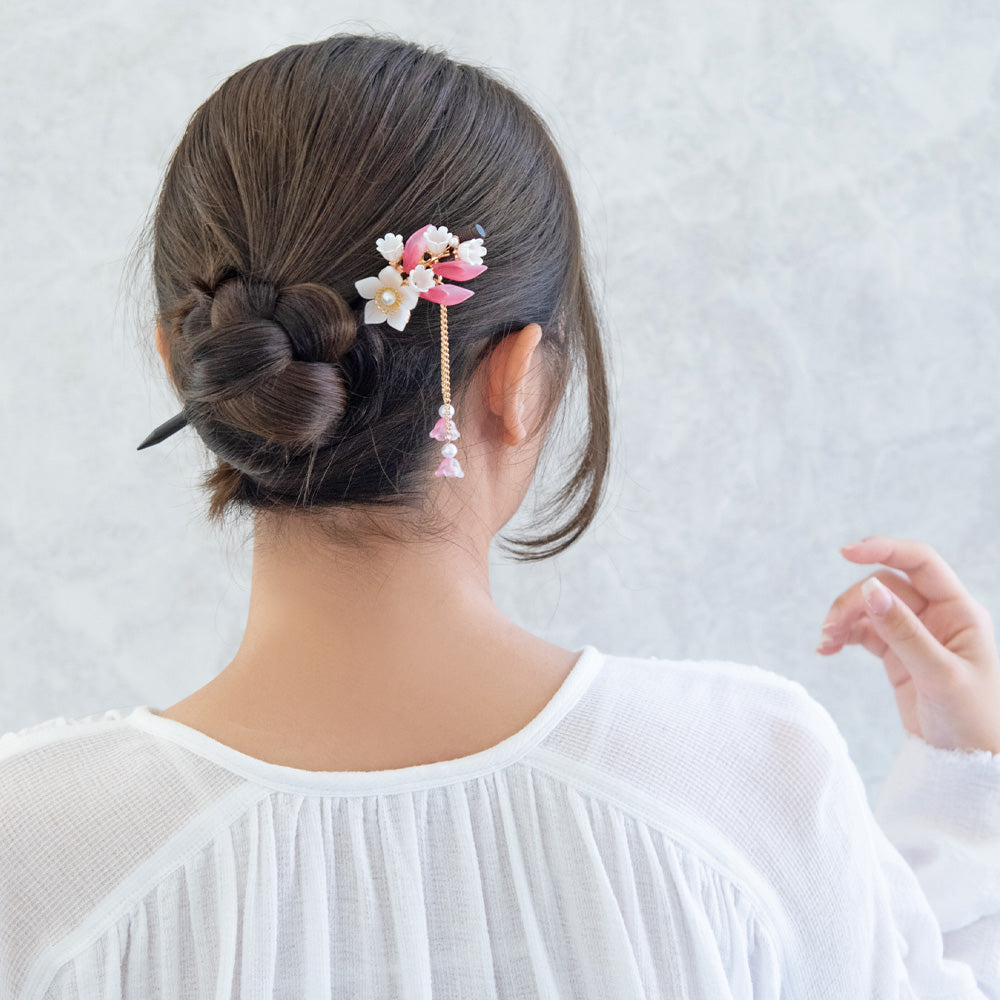 かんざし hair stick フラワー グラデーション パール チェーン 下がり ウッド