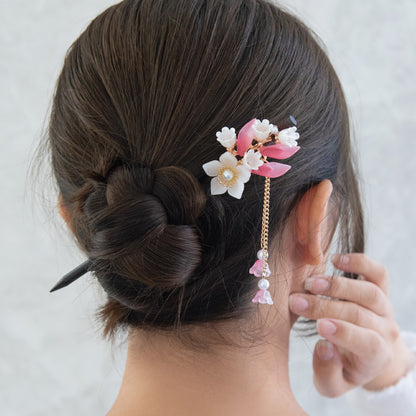 かんざし hair stick フラワー グラデーション パール チェーン 下がり ウッド