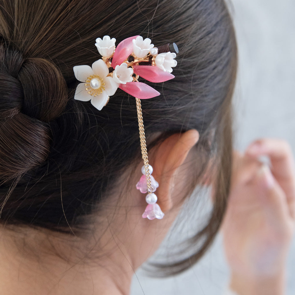 かんざし hair stick フラワー グラデーション パール チェーン 下がり ウッド