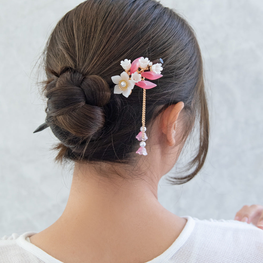 かんざし hair stick フラワー グラデーション パール チェーン 下がり ウッド
