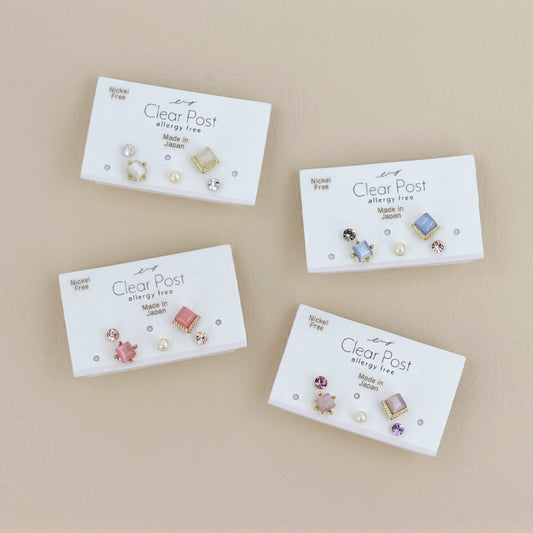 樹脂ピアス ニッケルフリー メタル 合成キャッツアイ カラー ストーン パール ミニ スクエア 5個セット スタッドピアス
