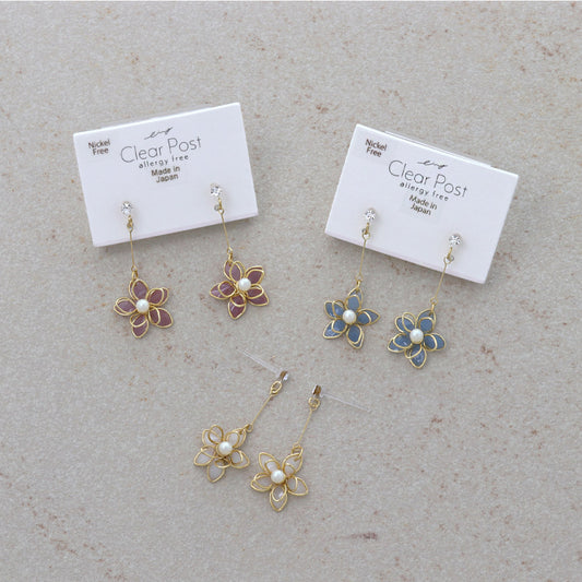 樹脂ピアス ニッケルフリー メタル ワイヤーフラワー 花 ストーン パール ドロップピアス