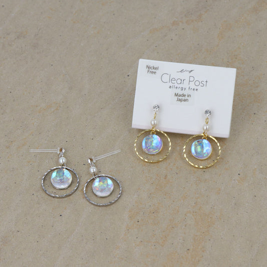 樹脂ピアス ニッケルフリー メタル リング サークル オーロラ カラー ストーン パール スタッドピアス