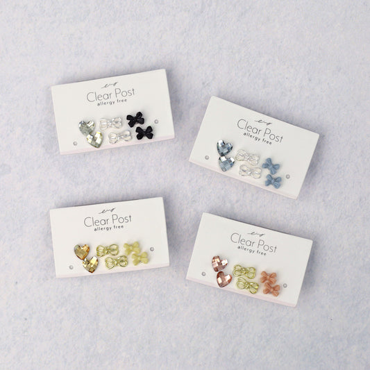 樹脂ピアス ニッケルフリー リボン ハート 6個セット スタッドピアス