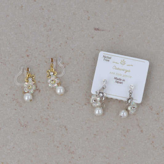 ノンホールピアス ニッケルフリー メタル フラワー オーロラ カラー ストーン パール イヤリング 樹脂タイプ