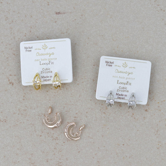 ノンホールピアス ニッケルフリー メタル フレーム センター ストーン レクタングル フープ イヤリング ループフィット