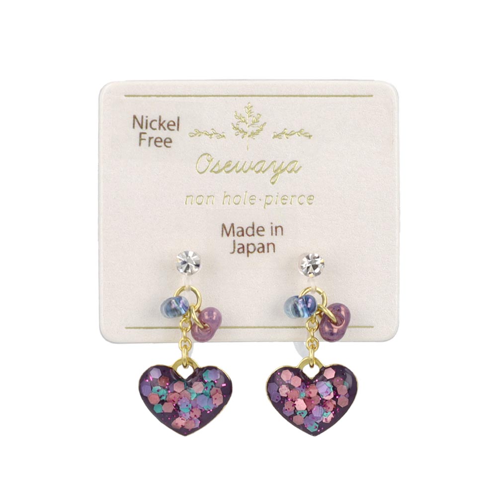 ノンホールピアス ニッケルフリー ハート ビーズ ラメ カラフル イヤリング 樹脂タイプ