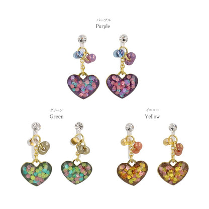 ノンホールピアス ニッケルフリー ハート ビーズ ラメ カラフル イヤリング 樹脂タイプ