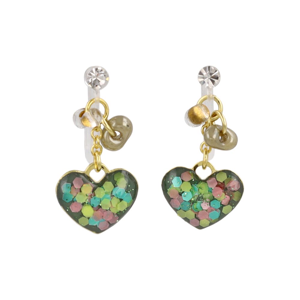 ノンホールピアス ニッケルフリー ハート ビーズ ラメ カラフル イヤリング 樹脂タイプ