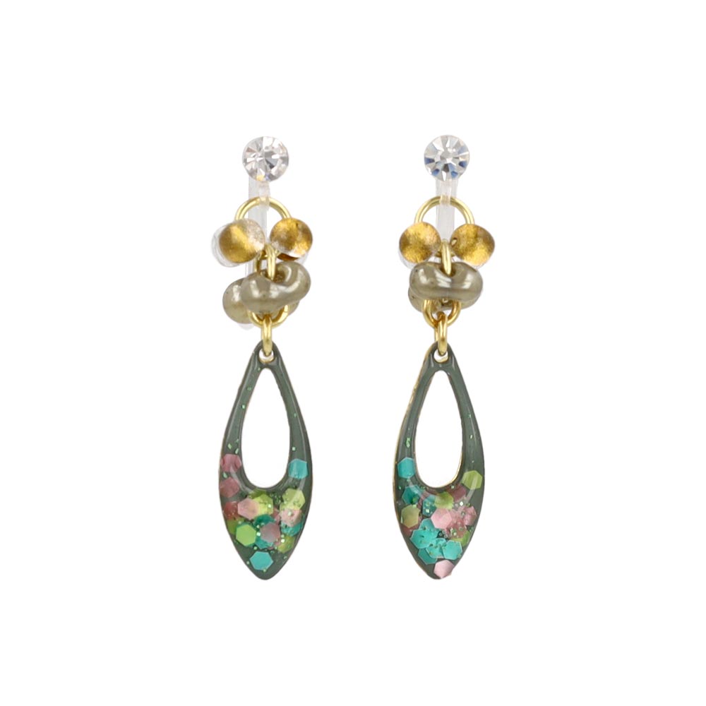 ノンホールピアス ニッケルフリー ドロップ ビーズ ラメ カラフル イヤリング 樹脂タイプ