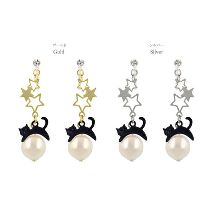 ノンホールピアス ニッケルフリー ネコと星 イヤリング 樹脂タイプ