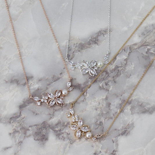 ネックレス ニッケルフリー メタル キュービックジルコニア パール フラワー 花 チェーン ショートネックレス