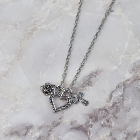 ネックレス yura ニッケルフリー メタル ハート クロス バラ オーバル チェーン ショートネックレス