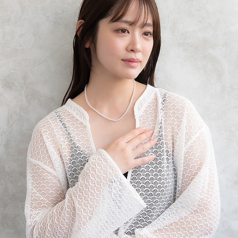 ネックレス 1連 カラー ガラスパール 4mm玉 小粒 ステンレス ショート