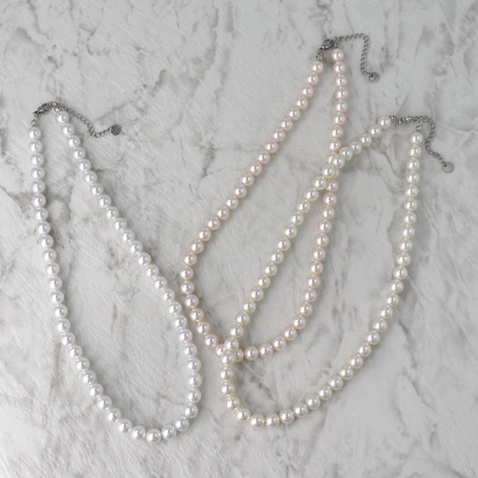 ネックレス 1連 カラー ガラスパール 8mm玉 ステンレス ショートネックレス