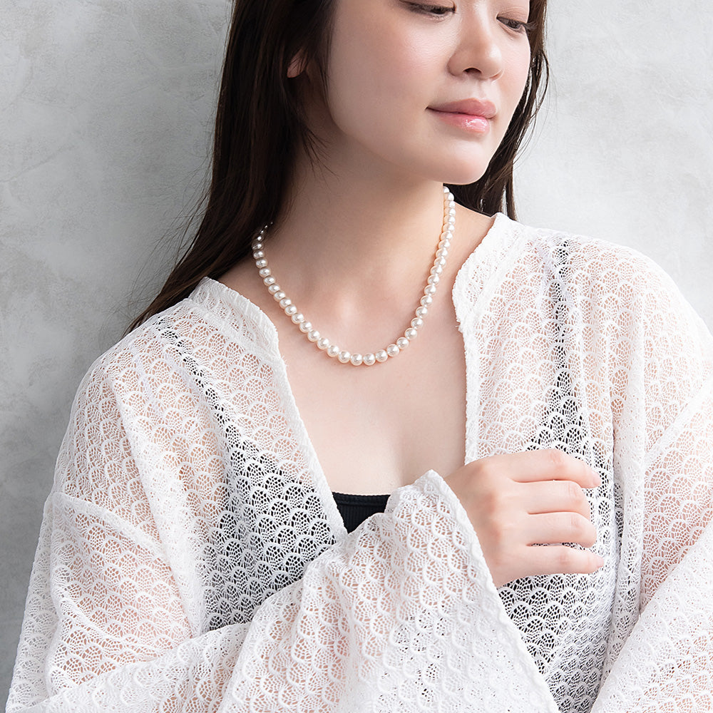 ネックレス 1連 カラー ガラスパール 8mm玉 ステンレス ショート