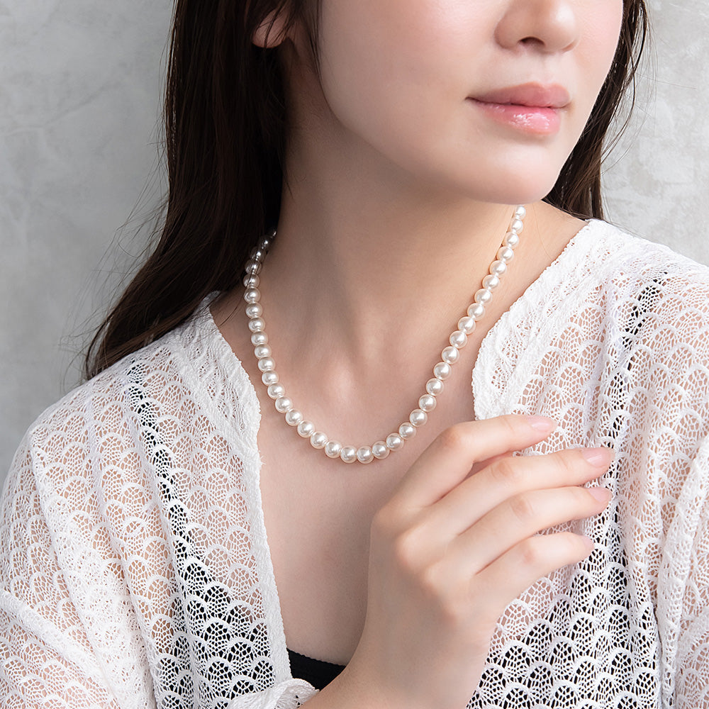 ネックレス 1連 カラー ガラスパール 8mm玉 ステンレス ショート