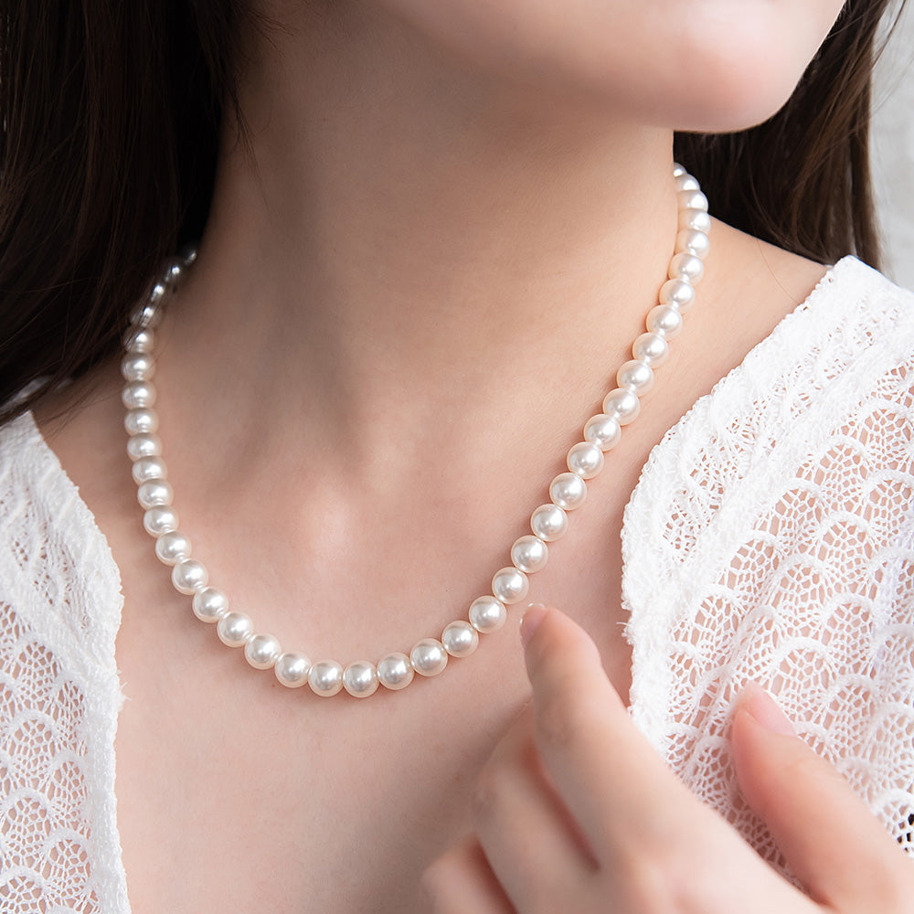 ネックレス 1連 カラー ガラスパール 8mm玉 ステンレス ショート