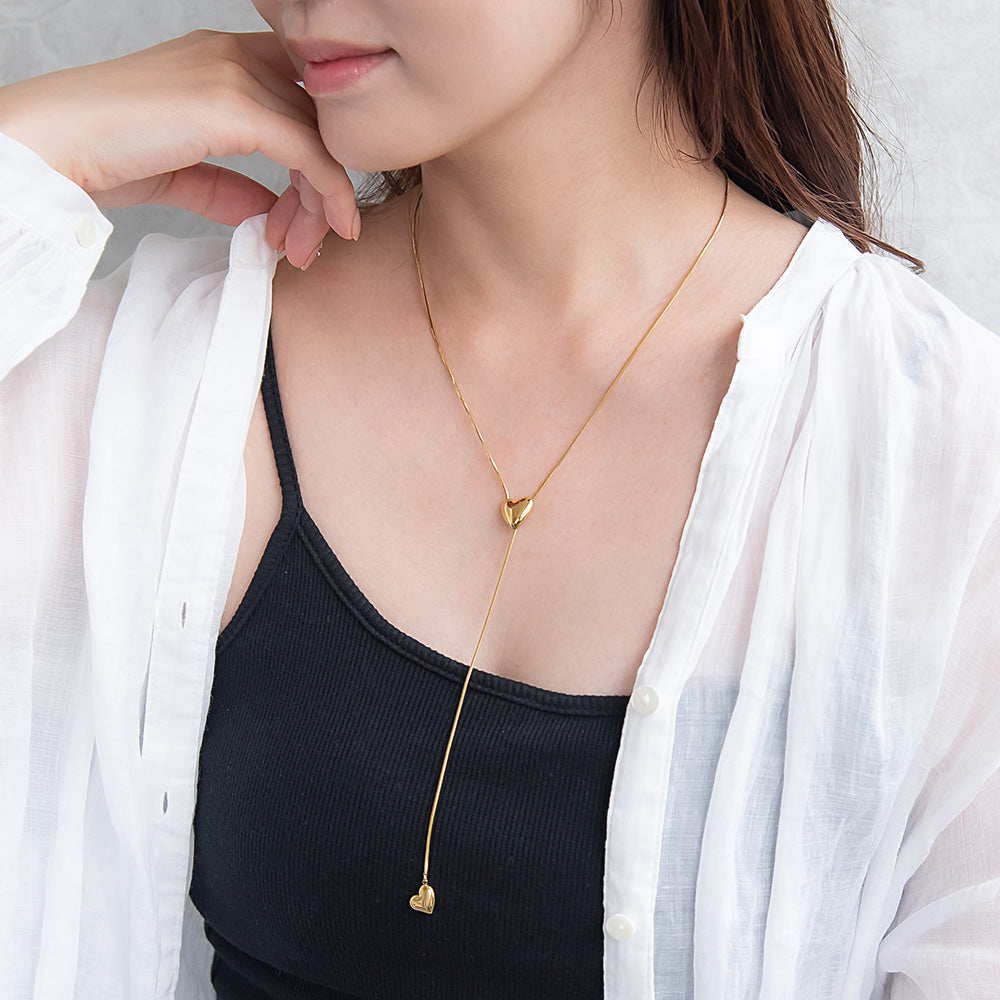 ネックレス ステンレス スネークチェーン メタル ハート Y字 ロングネックレス