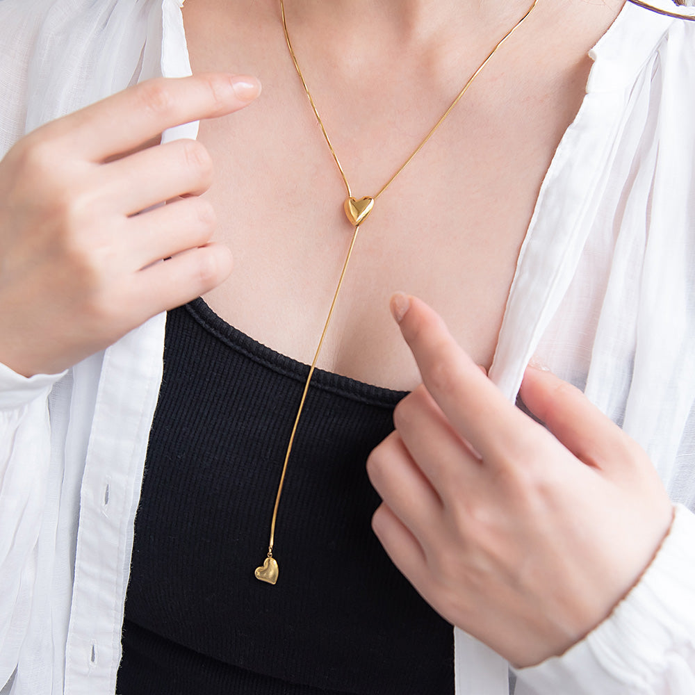 ネックレス ステンレス スネークチェーン メタル ハート Y字 ロングネックレス