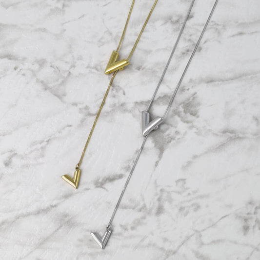 ネックレス ステンレス スネークチェーン メタル V字型 ラリエット ロングネックレス